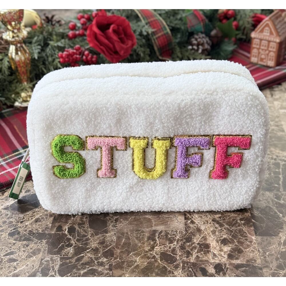 Festive Voice Sherpa Zippered Pouch - White "STUFF" Cosmetic/Travel Bag (NWT)